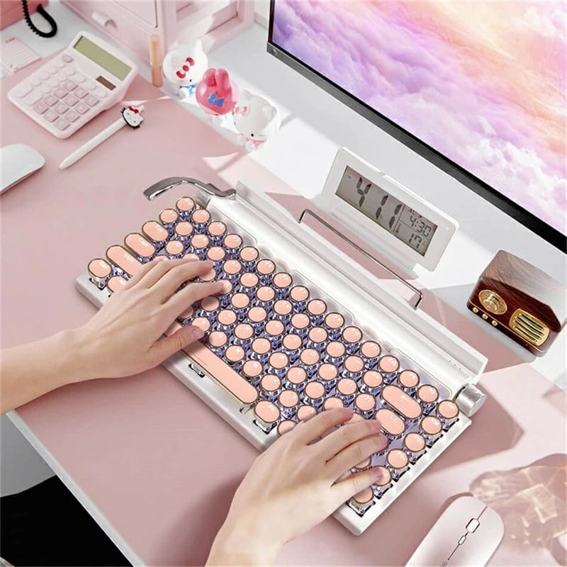 タイプライター キーボード かわいい bluetooth レトロ ipad 白 無線 mac 木材系カラー ブラック ワイヤレス pc スマホ 有線 青軸 光る おしゃれ かっこいい タッチ感 83キー タイピング iPhone 最大3台ペアリング 耐久性 スチームパンクレトロタイプライター