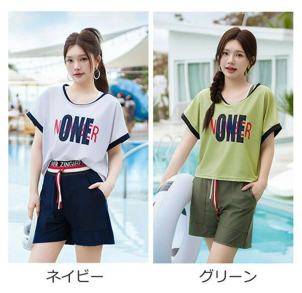 ビードゥー喜幸のタンキニ水着 レディース 服みたいな 体型カバー 3点セット ラッシュガード ママ水着 セパレート 大きいサイズ 6L 7L 8L ぽっちゃり 中学生 高校生 ショートパンツ ネイビー グリーン mg006m5｜アングル2