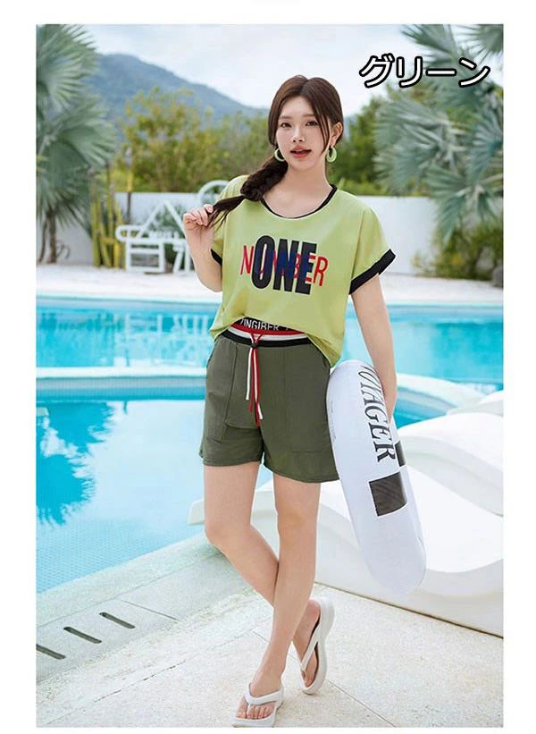 ビードゥー喜幸のタンキニ水着 レディース 服みたいな 体型カバー 3点セット ラッシュガード ママ水着 セパレート 大きいサイズ 6L 7L 8L ぽっちゃり 中学生 高校生 ショートパンツ ネイビー グリーン mg006m5｜アングル3