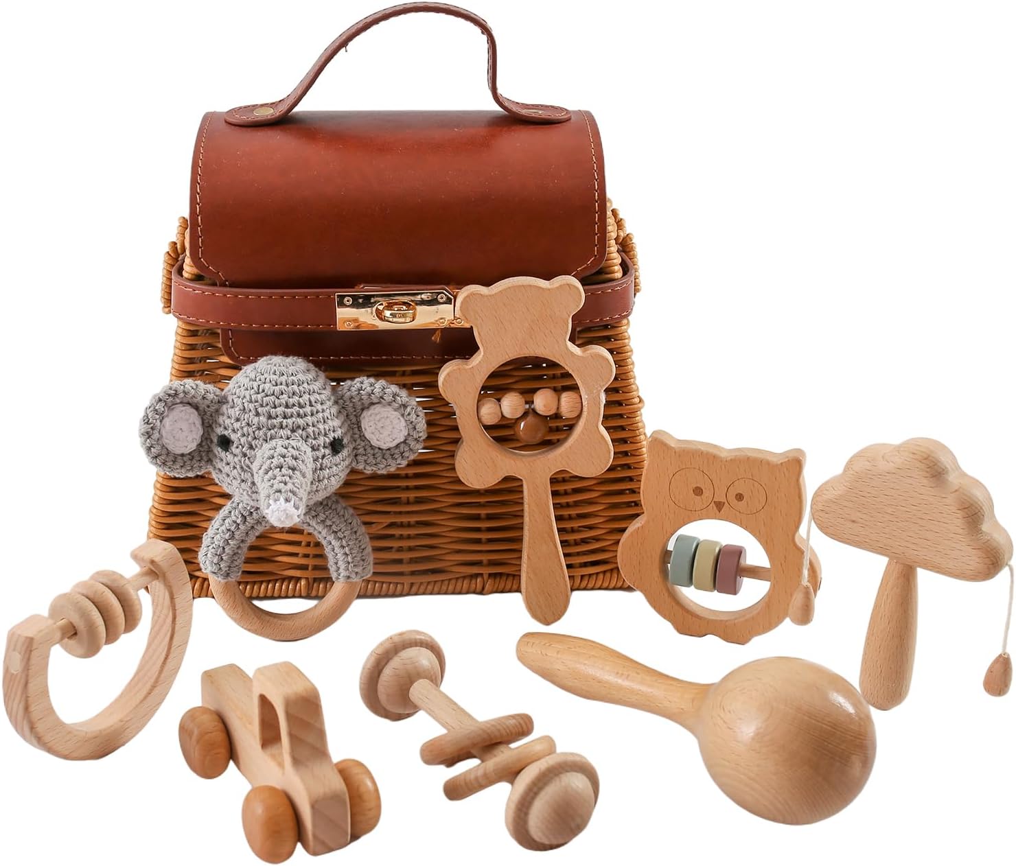 ガラガラ ラトル 出産祝い おもちゃ 木製 ひも通しおもちゃ 手押し車 ベビーおもちゃセット 木のおもちゃ 無塗装 8個セット 知育玩具 ベビーギフトセット 出産祝い 贈り物