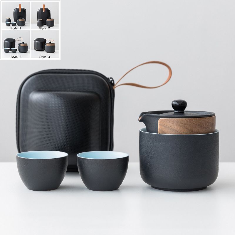茶器セット 茶芸 陶器 旅行 収納バッグ付き カンフー茶 5点セット ティーポット 携帯式 軽量 通勤 お出..