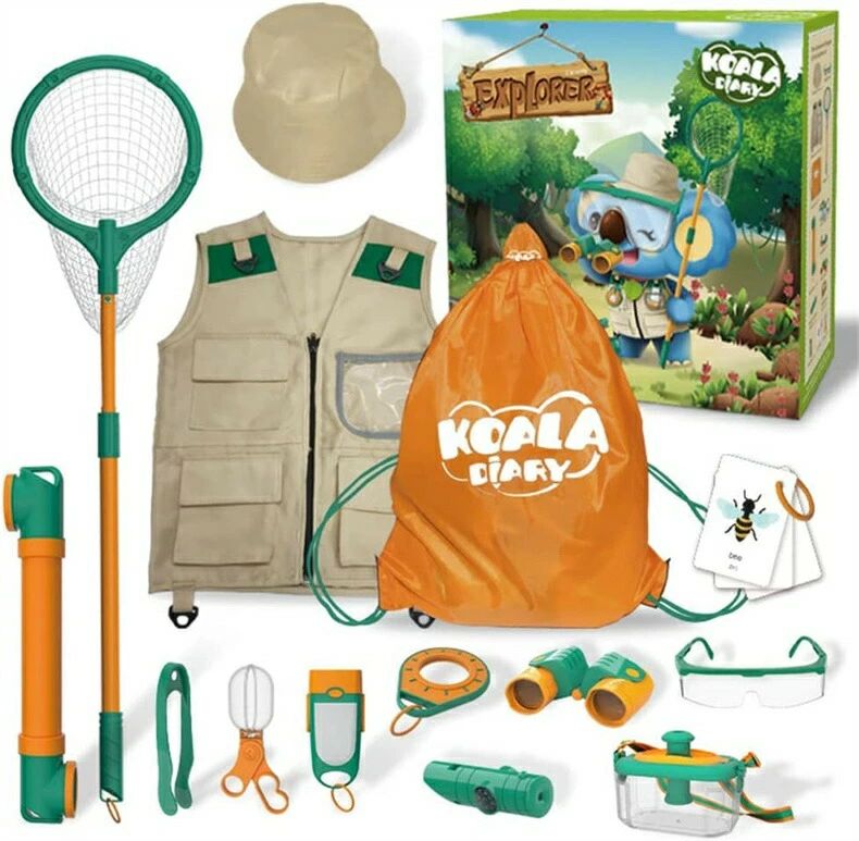 子供 昆虫観察キット 冒険セット 探検キット 豪華セット 自然観察 知育玩具 学習玩具 子供のおもちゃ 自然観察 教育道具 アウトドア 双眼鏡 /昆虫飼育箱 /懐中電灯/虫取り網/帽子/ベスト/収納バック付き（14点セット）