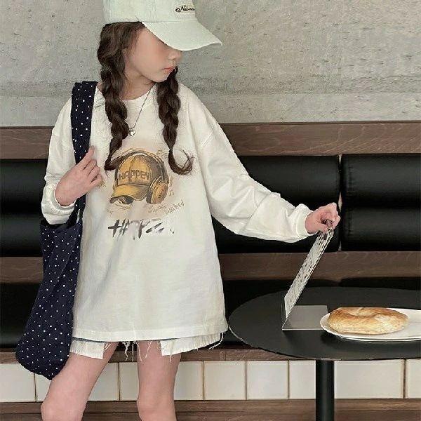 Blousons, Jumpers - 女の子長袖tシャツピュアコットン2025新しいファッショナブルな子供の春と秋のビッグチルドレンズカジュアルホワイトベースシャツトップ