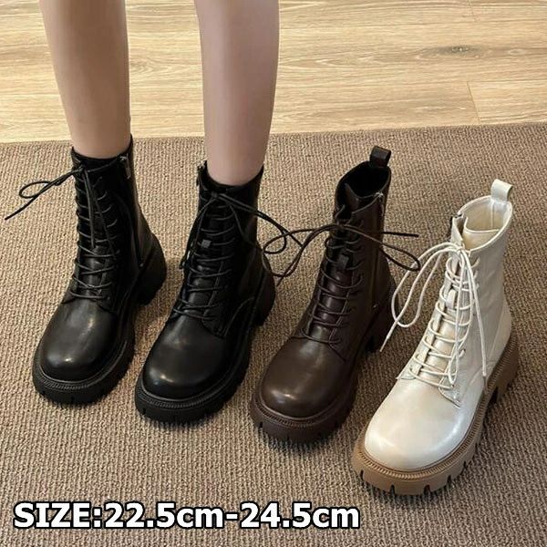 ショートブーツ レディース 歩きやすい レースアップブーツ 編み上げブーツ 22.5cm～24.5cm 大きいサイズ ブーツ レディース 小さいサイズ ショートブーツ 編み上げブーツラウンドトゥ レースアップ ミドルヒール 黒 ブラック 履きやすい 防寒