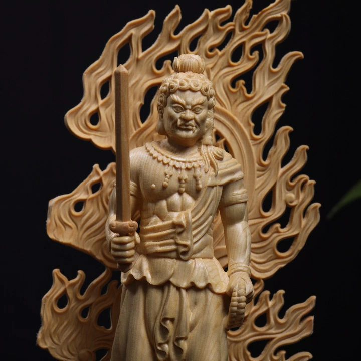 仏像 不動明王 不動尊 仏壇仏像 桧木製 原木 火炎光背 守り本尊 祈る 厄除け（高さ...