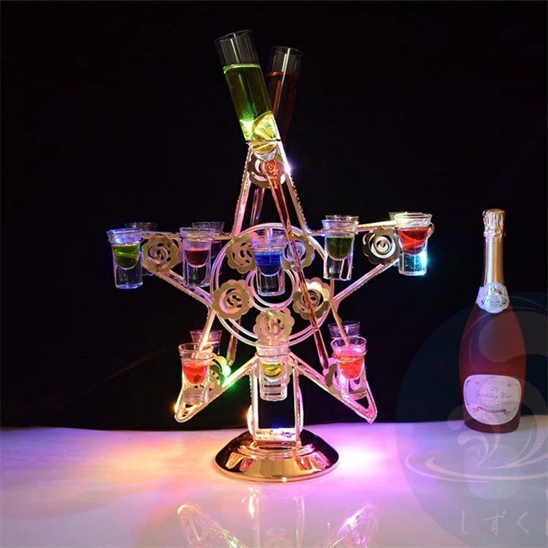 五芒星テキーラ観覧車 LED酒ボトルの表示棚 五芒星 LED酒グラス収納ラック 充電式 LED酒ボトルの表示棚..