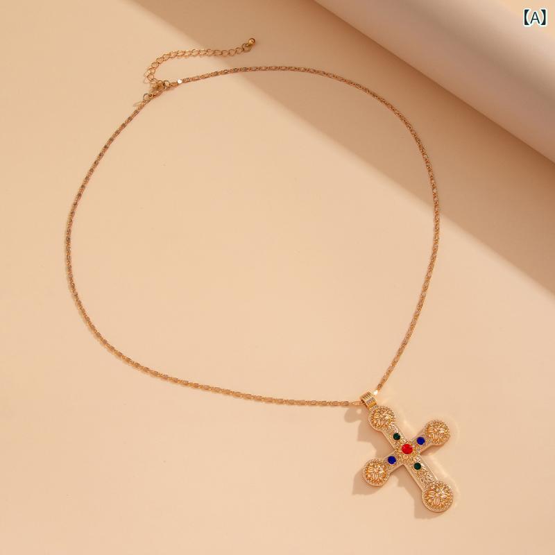 ネックレス 男女兼用 欧米風 トレンド クロス タッセル ペンダント 合金製 ジルコニア ラインストーン ..