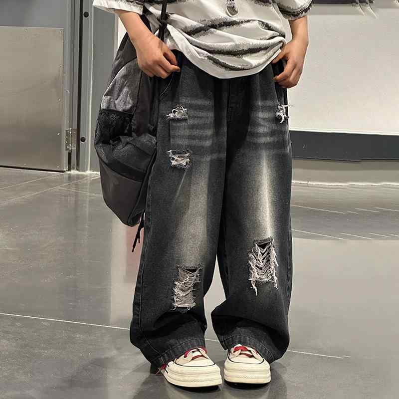 デニムパンツ キッズ ジュニア ボーイズ ガールズ 男女兼用 ダメージ加工 クラッシュ ゆったり ルーズフィット ストレート 柔らかい 伸縮性 コットン ロングパンツ 春秋 カジュアル 通学 部屋着