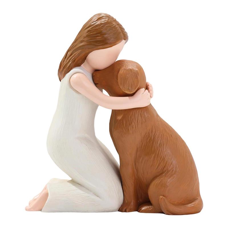 樹脂製の少女犬の像 弔意の思い出 暖炉の棚 人間と犬の置物