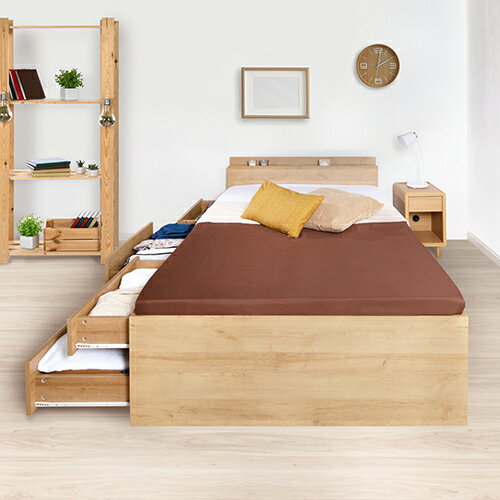 モダンデザインチェストベッド ナチュラル クイーンサイズ ベッドフレームのみ