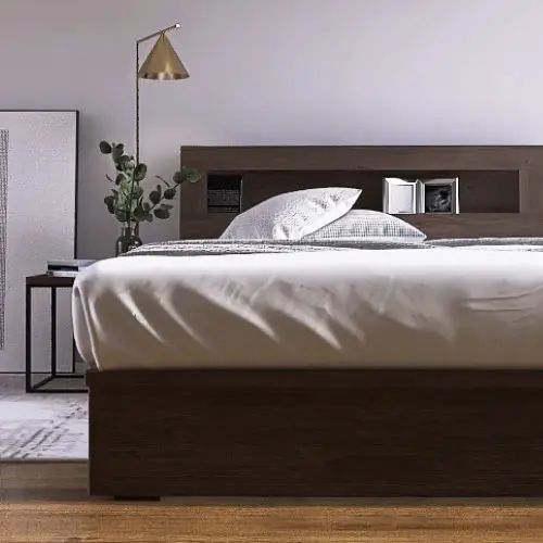 Rakuten - [ベッド セミダブル] フランスベッド 幅123cm 収納付き 照明付き すのこ マットレス付き 棚付き コンセント付き 引き出し付き 防ダニ 抗菌 防臭 日本国産 ウォルナット柄 モダン 高級感 フランスベッド 低ホルムアルデヒド