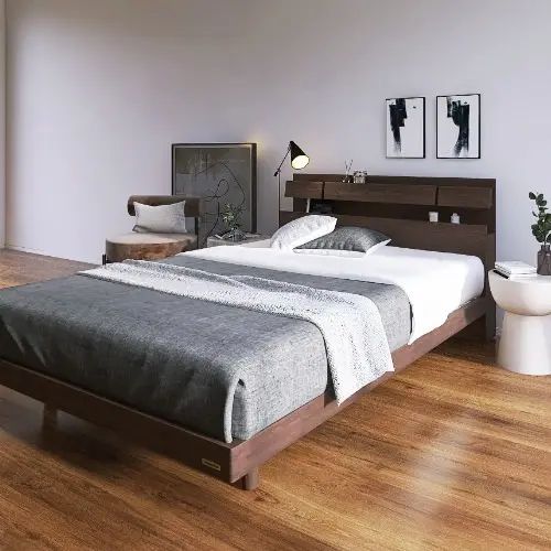 Rakuten - [ベッド ダブル] フランスベッド 幅141cm 収納付き すのこ 照明付き マットレス付き 脚付き 棚付き コンセント付き 防ダニ 抗菌 防臭 日本国産 ウォルナット柄 モダン 北欧風 フランスベッド 高さ調整 低ホルムアルデヒド