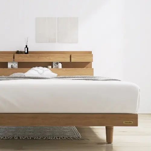 Rakuten - [ベッド クイーン] フランスベッド 幅172cm 収納付き すのこ 照明付き マットレス付き 脚付き 棚付き コンセント付き 防ダニ 抗菌 防臭 日本国産 北欧風 ナチュラル モダン 木目調 フランスベッド 高さ調整 低ホルムアルデヒド