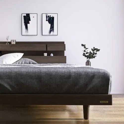 Rakuten - [ベッド クイーン] フランスベッド 幅172cm 収納付き すのこ 照明付き マットレス付き 脚付き 棚付き コンセント付き 防ダニ 抗菌 防臭 日本国産 ウォルナット柄 モダン 北欧風 フランスベッド 高さ調整 低ホルムアルデヒド