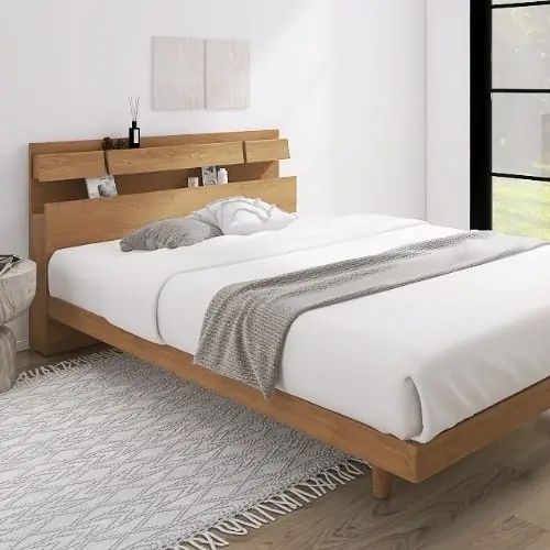 Rakuten - [ベッド ダブル] フランスベッド 幅155cm 収納付き すのこ 照明付き マットレス付き 脚付き 棚付き コンセント付き 防ダニ 抗菌 防臭 日本国産 北欧風 ナチュラル モダン 木目調 フランスベッド 高さ調整 低ホルムアルデヒド