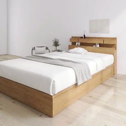 Rakuten - [ベッド ダブル] フランスベッド 幅141cm 収納付き 照明付き マットレス付き 棚付き コンセント付き 引き出し付き 防ダニ 抗菌 防臭 モダン 北欧風 日本国産 ナチュラル スマート 木目調 低ホルムアルデヒド