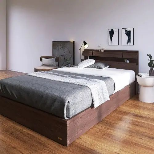 Rakuten - [ベッド ダブル] フランスベッド 幅141cm 収納付き 照明付き マットレス付き 棚付き コンセント付き 引き出し付き 防ダニ 抗菌 防臭 ウォルナット柄 モダン 日本国産 スマート 木目調 低ホルムアルデヒド