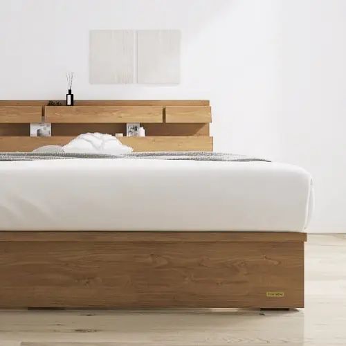 Rakuten - [ベッド クイーン] フランスベッド 幅172cm 収納付き 照明付き マットレス付き 棚付き コンセント付き 引き出し付き 防ダニ 抗菌 防臭 モダン 北欧風 日本国産 ナチュラル スマート 木目調 低ホルムアルデヒド