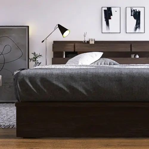 Rakuten - [ベッド セミダブル] フランスベッド 幅123cm 収納付き 照明付き マットレス付き 棚付き コンセント付き 引き出し付き 防ダニ 抗菌 防臭 ウォルナット柄 モダン 日本国産 スマート 木目調 低ホルムアルデヒド