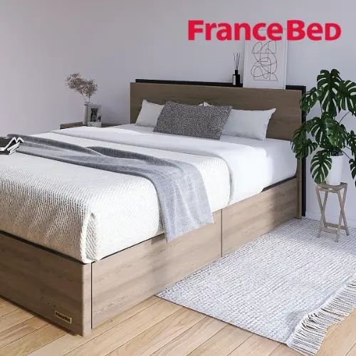 Rakuten - [ベッド ダブル] フランスベッド 幅140cm 収納付き すのこ マットレス付き 棚付き コンセント付き 引き出し付き 防ダニ 抗菌 防臭 日本国産 シンプル 北欧風 ナチュラル スマート アーバン 低ホルムアルデヒド