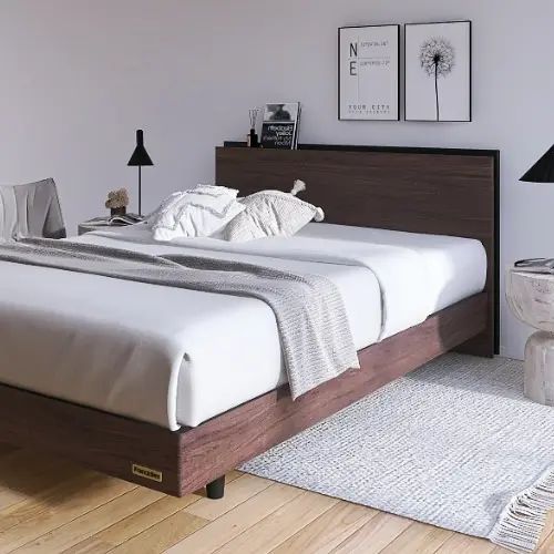 Rakuten - [ベッド ダブル] フランスベッド 幅140cm すのこ マットレス付き 脚付き 棚付き コンセント付き 防ダニ 抗菌 防臭 日本国産 ウォルナット柄 シンプル モダン 高さ調整 低ホルムアルデヒド