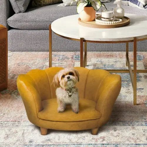 ペットベッド ペット用 ベッド イエロー ペットソファ 高さ調整 ファブリック 低い 低め 木脚