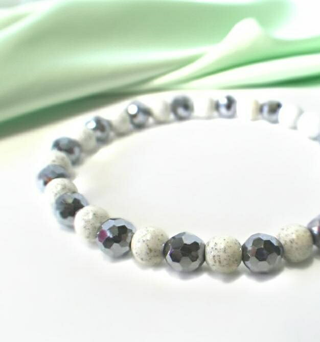 台湾産 北投石 6mm丸玉 ＆ テラヘルツ 6mm ミラーカット ブレスレット【選べる長さ約12-14-16-18-20-22cm】