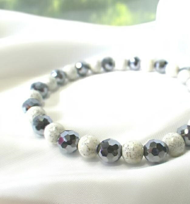 台湾産北投石6mm丸玉＆テラヘルツ6mmミラーカット ブレスレット【選べる長さ12-14-16-18cm】 W効果 独自の強度の高いポリウレタンゴム