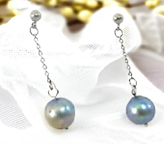 純チタン-ピアス-Long-スウィング 天然黒真珠約8mm玉 金属アレルギー対策チェーン部の長さ変更可能 画像現状約2cm 【選べる長さ1cm～5cm】【注：エクボなど天然由来の傷あり】