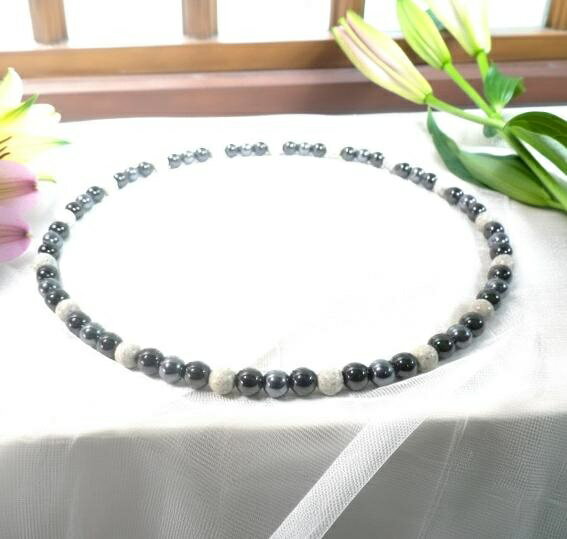 トリプル効果【選べる長さ】 テラヘルツ&北投石＆磁気ヘマタイト 6mm丸玉ネックレス 【選べる長さ32～50cm】 当社独自のゴム仕様 楽々～ 強化ゴムお風呂OK 温浴効果バツグン