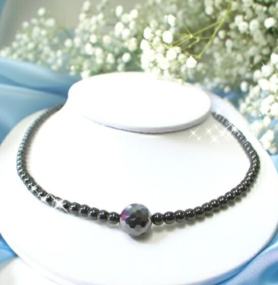 テラヘルツ＆磁気で健康美人テラヘルツ＆磁気ネックレス 健美 【選べる長さ34～42cm】テラヘルツ10mmミラーカット1石＆磁気ヘマタイト4mm丸玉 【お風呂もOK強化ゴム仕様】