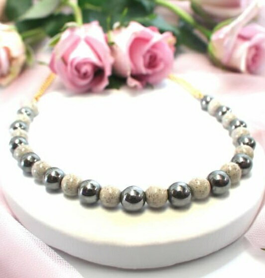 SS テラヘルツ & 北投石 6mm丸玉 ネックレス【選べる長さ30-40cm】テラヘルツ波 ＆ マイナスイオンのW効果 北投石：台湾産セラミック加工処理石 モノトーンデザインが人気 楽々伸び～る健康ネックレス