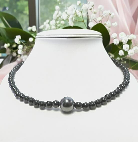 SS テラヘルツ＆磁気 健康ネックレス 高級品質テラヘルツ12mm大玉1石＆テラヘルツ8mm丸玉&磁気ヘマタイト8mm丸玉 金具が無い楽々ゴム仕様 【選べる長さ48・51・54・57・60cm】磁気ネックレス