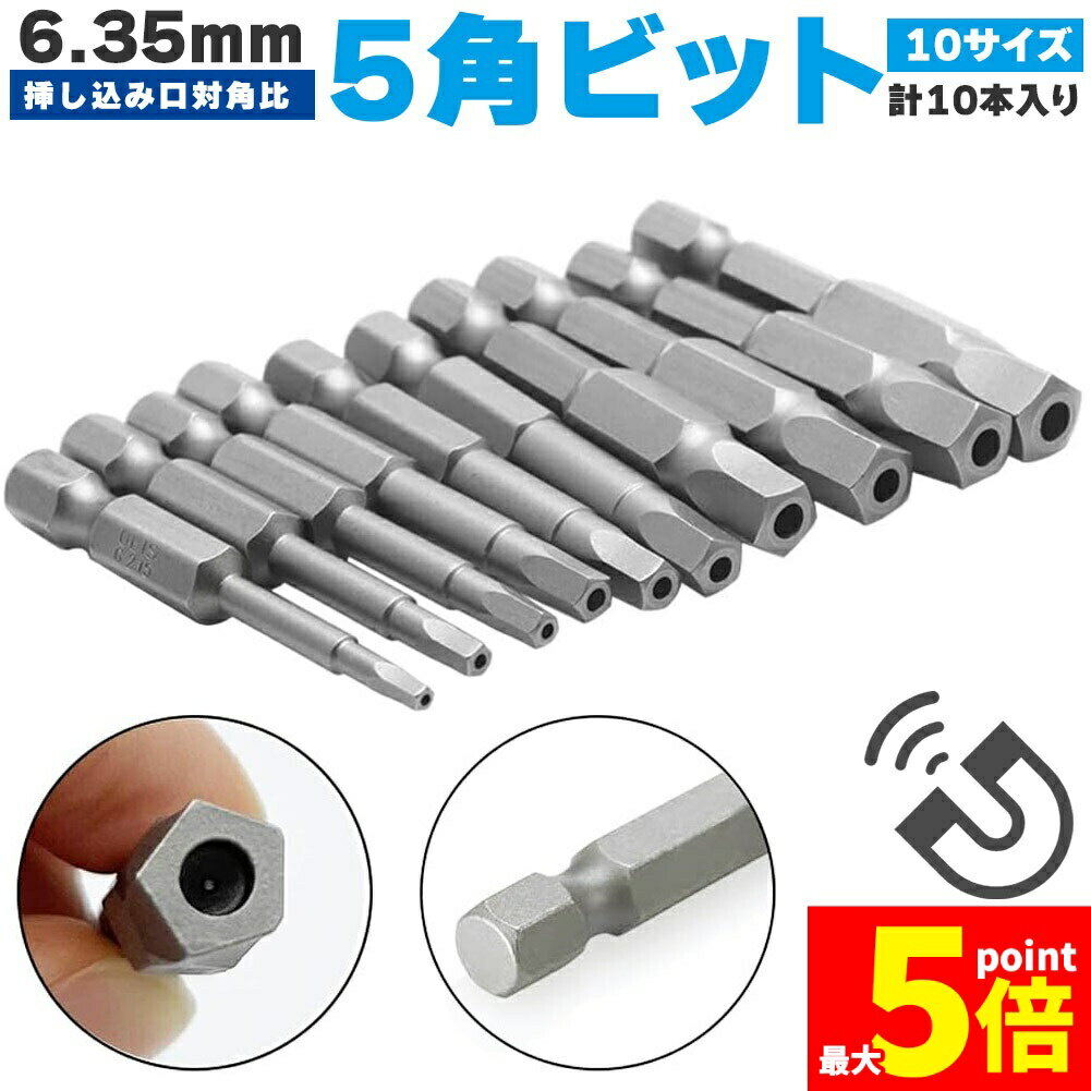 ★期間限定！ポイント5倍★10ピース 6.35mm 五角軸 ドライバービット 10サイズセット 磁気 五角形 電動ドライバー ビットセット 精密ドリルビット 電気工具 ビットセット 電動ドライバー インパクトドライバー ドライバー