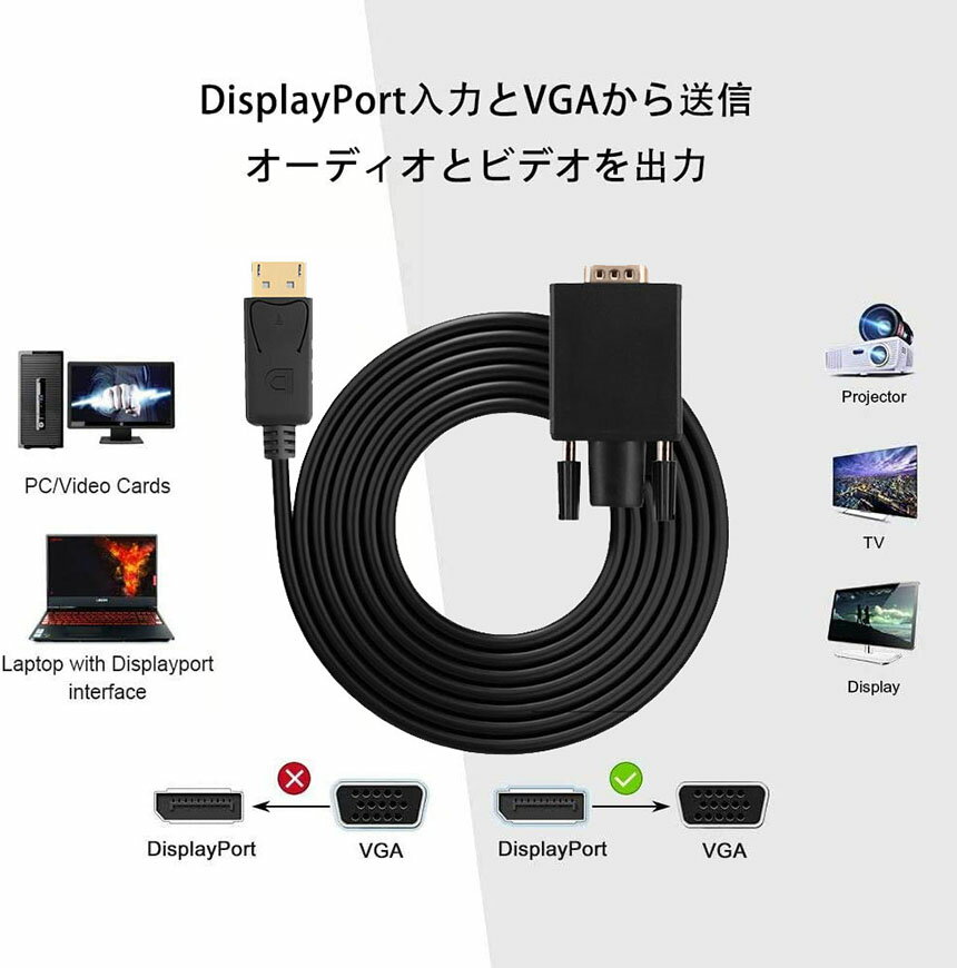 DisplayPort VGA�Ѵ� �����֥� DP to VGA �Ѵ������֥� 1.8m ɸ�� DP-VGA �����֥� 1080P �ǥ����ץ쥤�ݡ��� �Ѵ� DP (����) - VGA(����) �ǥ奢�� �ǥ����ץ쥤 �б� ���Ѵ��Բ� ����̵��