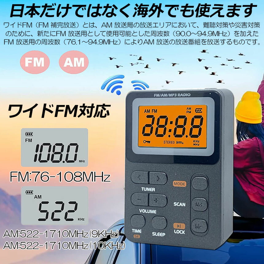 ★期間限定！ポイント5倍★ポケット ラジオ ポータブル 4台セット ワイドFM FM AM 対応 充電式 ミニーラジオ 小型ラジオ 携帯ラジオ 通勤ラジオ LCD 液晶 画面 ディスプレー 高感度 ロック機能搭載 ポータブル 防災ラジオ イ 3