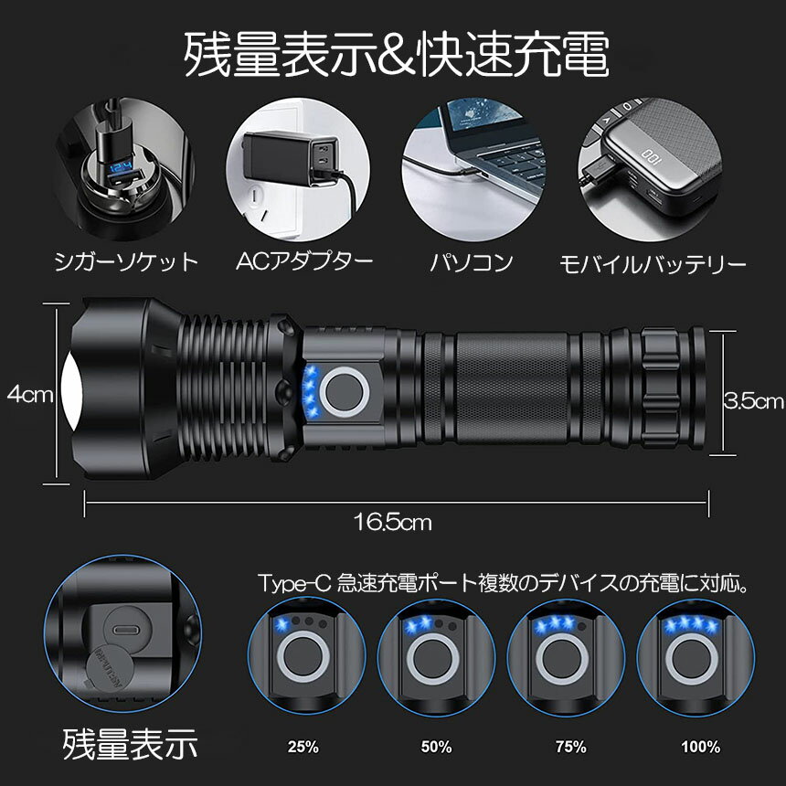 ★スーパーセール！ポイント5倍★懐中電灯 ledライト XHP70 ハンディライト 5モード調光 2個セット 強力 防水 USB充電式 電池式 LCD残量表示 ズーム機能 Type-C充電式 ledライト フラッシュライト led sosラ