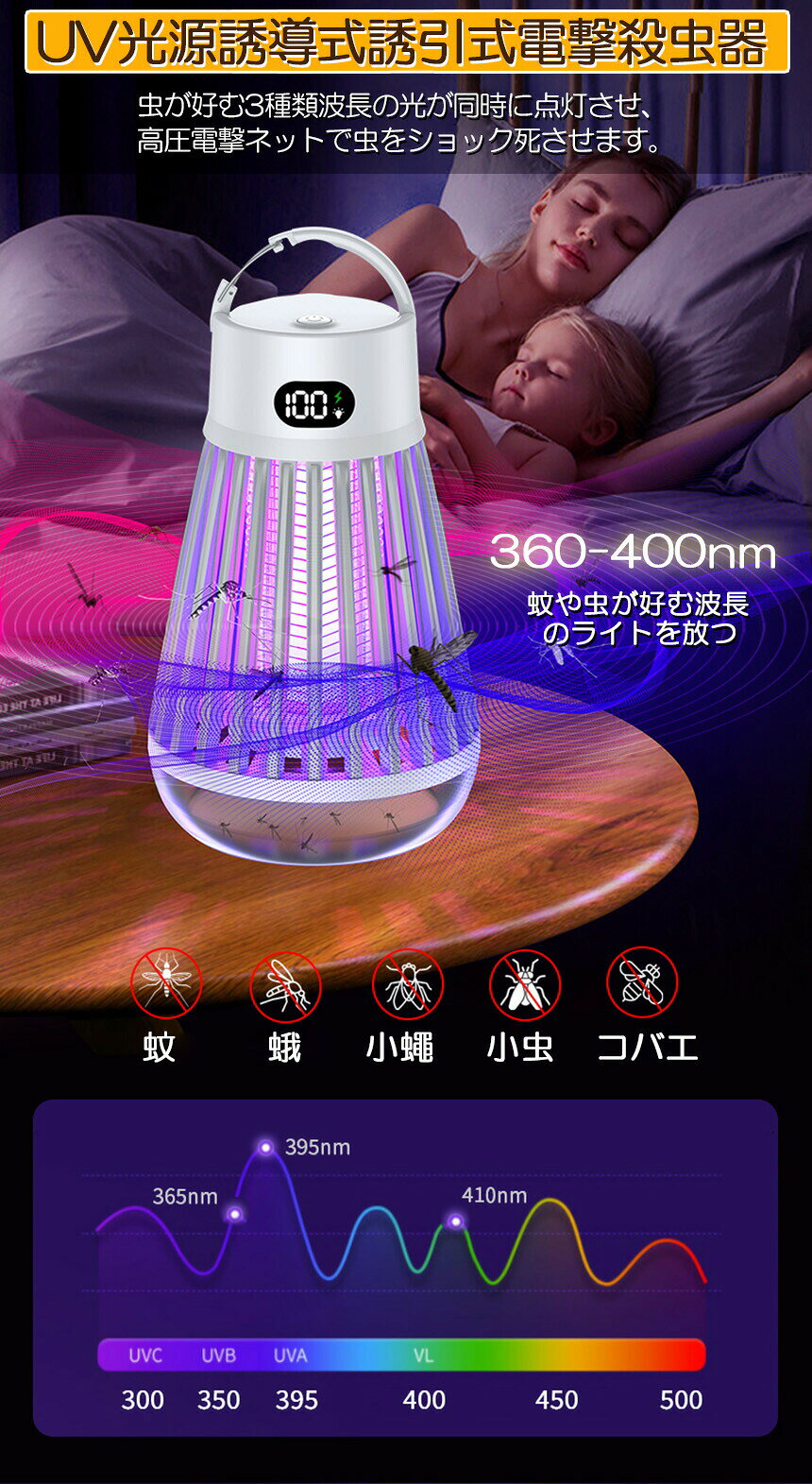 電撃殺虫器 電撃殺虫機 3台セット 電気蚊取り器 捕虫器 UV光源誘引式 照明 ランタン LEDライト 吊り下げ 据え置き USB充電 防水 殺虫ライト 殺虫灯 虫除け 蚊取り器 コバエ取り 薬剤不用 無毒無害 省エネ アウトドア 屋外室内用