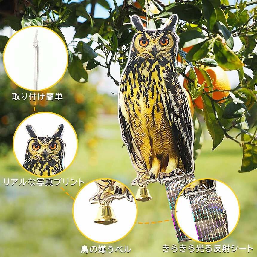 ★期間限定！ポイント5倍★鳥よけ 鳥よけフクロウ 鳥よけテープ 反射板 鳥よけグッズ 鳥対策 防鳥対策 鳥被害 鳥撃退 鳥の糞 カラス撃退 鳩撃退グッズ 鈴付き ゴミ置き場 畑 ベランダ 家庭菜園 駐車場 2