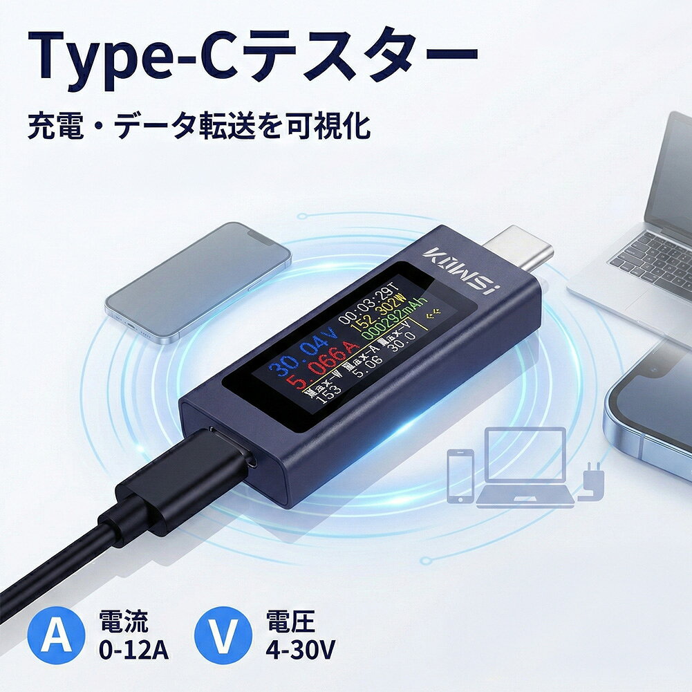 USB Type-C 電流 電圧 チェッカー 360W 12A 対応 USB PD 急速充電 測定器 高精細カラー画面 電力量 使用時間 温度表示 方向インジケーター ノートPC スマホ タブレット モバイルバッテ