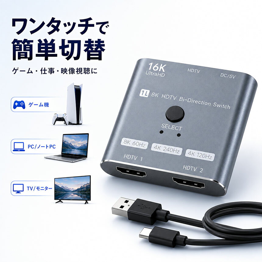 beemのHDMI切替器 セレクター 双方向 1入力2出力 2入力1出力 16K 8K 60Hz 4K 240Hz 120Hz HDMI2.1 PS5 Switch Xbox PC モニター テレビ プロジェクター HDCP2.3 HDR10 手動 ワンタッチ 切替 高画質 コンパクト ゲーム テレワーク 在宅 会議｜アングル2