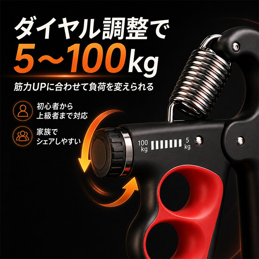 beemのハンドグリップ 握力トレーニング 5〜100kg 負荷調整式 自動カウント付き 握力器 4フィンガー設計 デジタル回数表示 前腕 指 手首 筋トレ トレーニング器具 軽量 約200g レッド オレンジ グレー 自宅 オフィス 男女兼用 携帯用｜アングル3