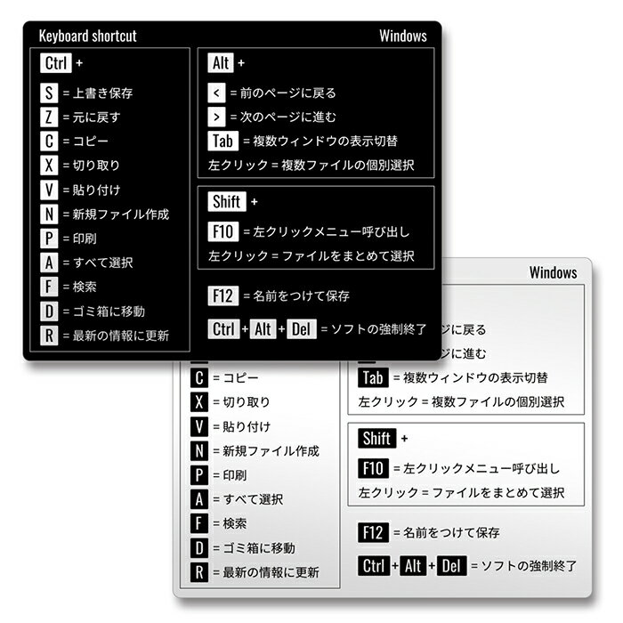 ■希少な日本語版■ Windows ショートカット キー ステッカー コマンド入力 キーボード ノートパソコン PC用品 アクセサリー OS デスクトップ ブラック シルバー 選択 2枚入 便利グッズ おすすめ 送料無料 