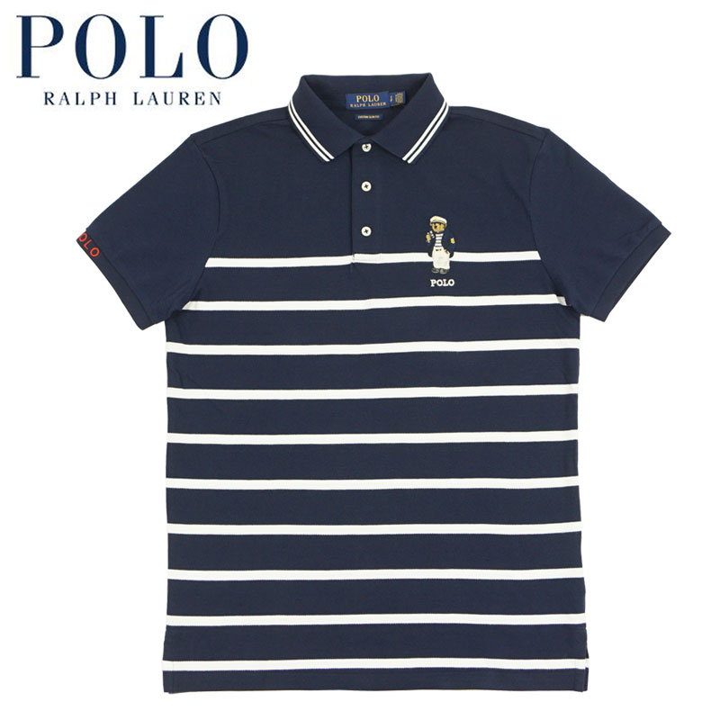 ラルフローレン ラルフローレン POLO Ralph Lauren カスタムスリム フィット ポロベアー ボーダー ポロシャツ ネイビー