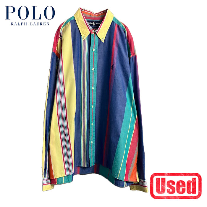 【USED】ラルフローレン Ralph Lauren ゛The Big Shirt゛ マルチストライプ B.D シャツ イエロー/ネイビー/グリーン