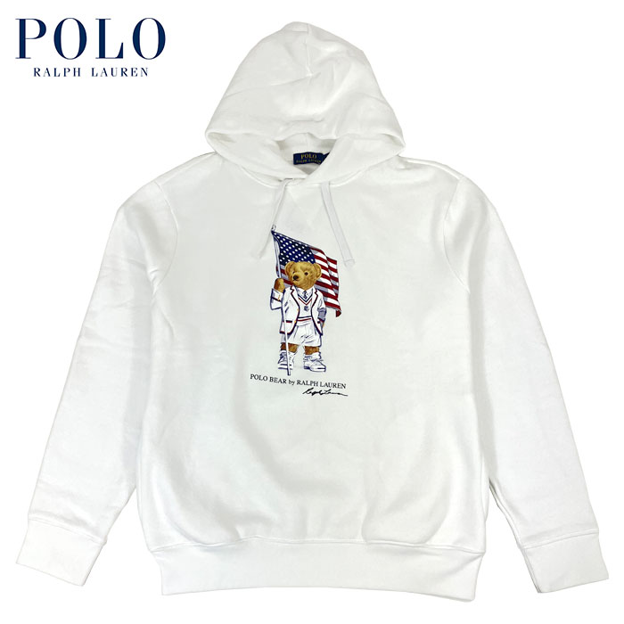 ポロ ラルフローレン パーカー メンズ ラルフローレン POLO Ralph Lauren ポロベアー 前V スウェット パーカー ホワイト アメリカンフラッグ