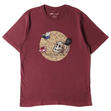 COACH コーチ Tシャツ Disney カスタムワッペン付き シグネチャーロゴ クルーネック Tシャツ エンジ M 【メンズ】【中古】【美品】【K3074】