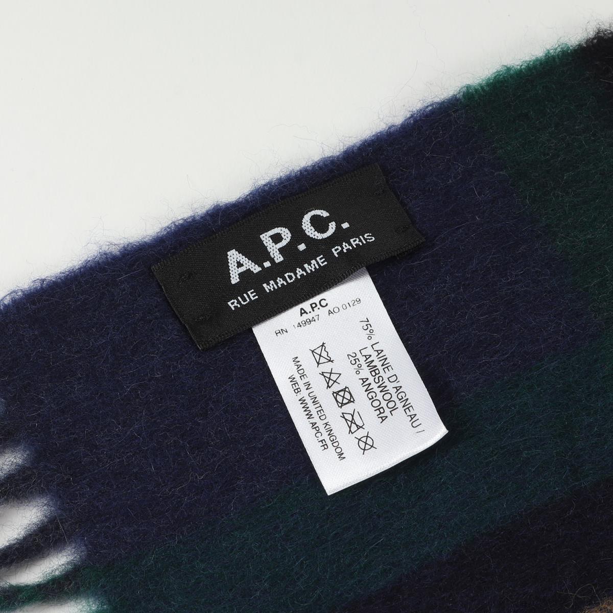 A.P.C. アーペーセー マフラー タータンチェック 柄 アンゴラ ウールマフラー ネイビー グリーン 紺緑 【メンズ】【中古】【美品】【K3204】