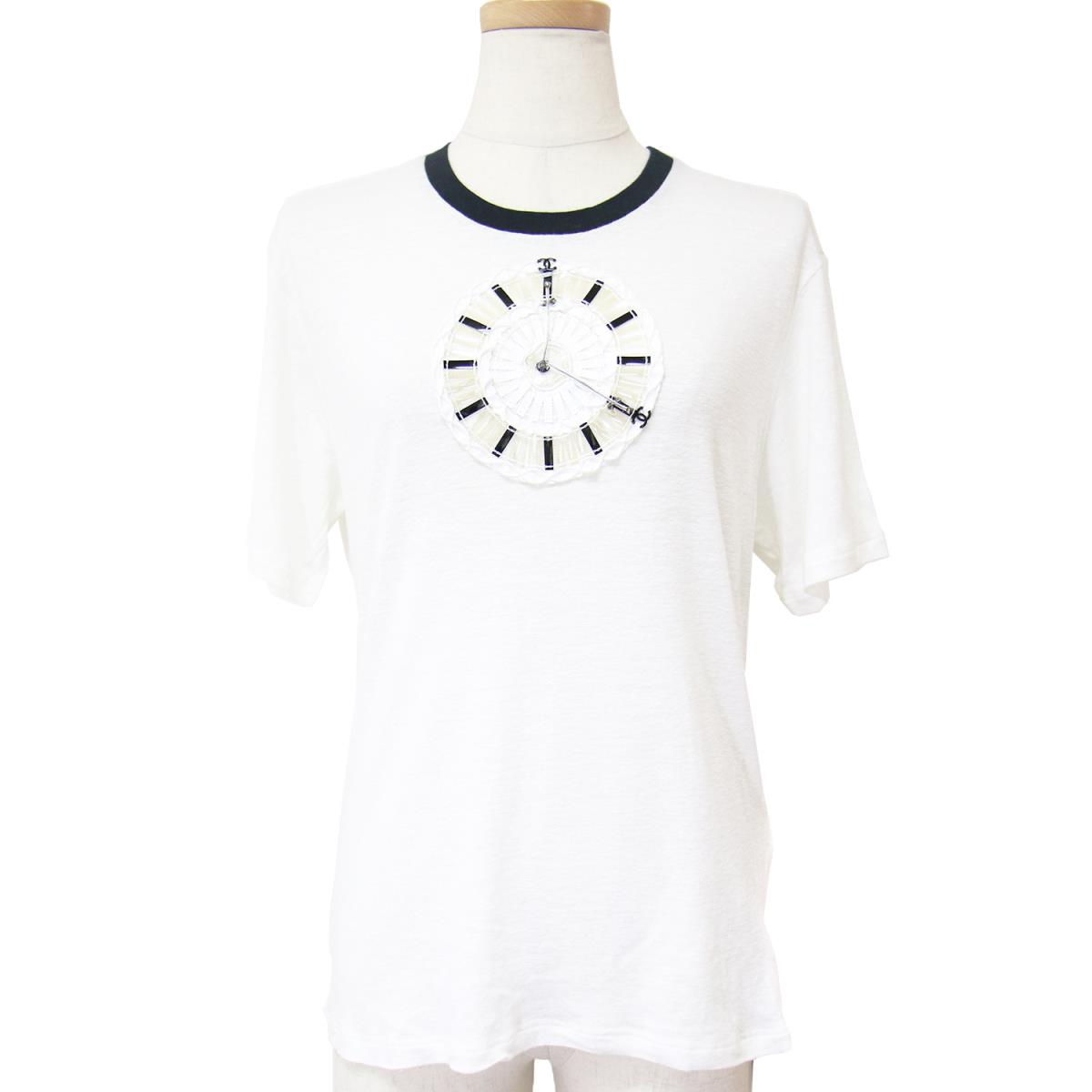 CHANEL シャネル Tシャツ カットソー 半袖 ホワイト ブラック 白 黒 38 M 春 夏 秋 冬 トップス クルーネック 時計 ココマーク ロゴ ワンポイント おしゃれ シンプル 着回し きれいめ かわいい かっこいい カジュアル ガーリー 大人女子 【レディース】【中古】【K3459】