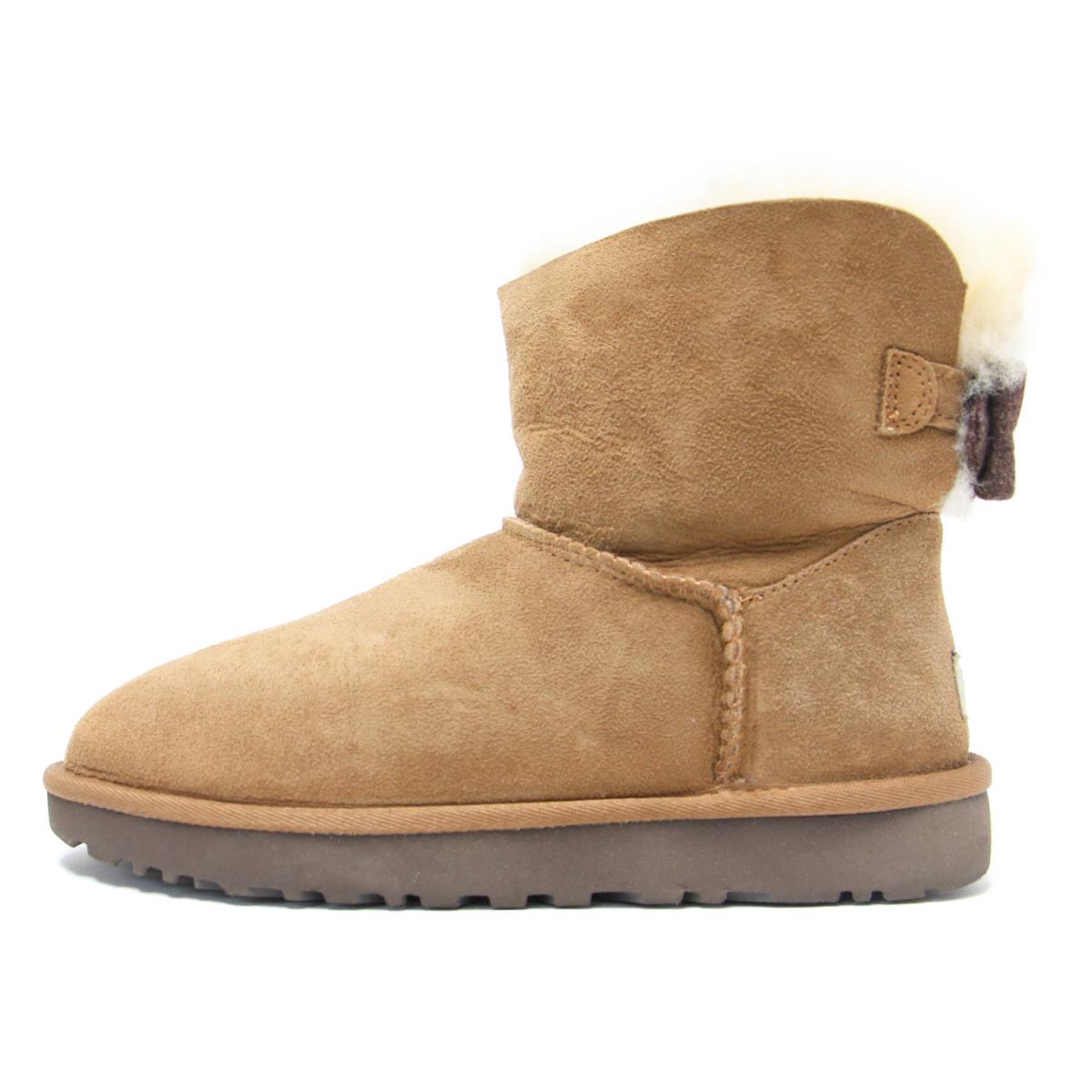 UGG アグ ブーツ ムートン ショート フラット リボン レザー W MINI BRIGETTE BOW ブラウン 茶 24cm 大人女子 女性 着回し 【レディース】【中古】【K3349】